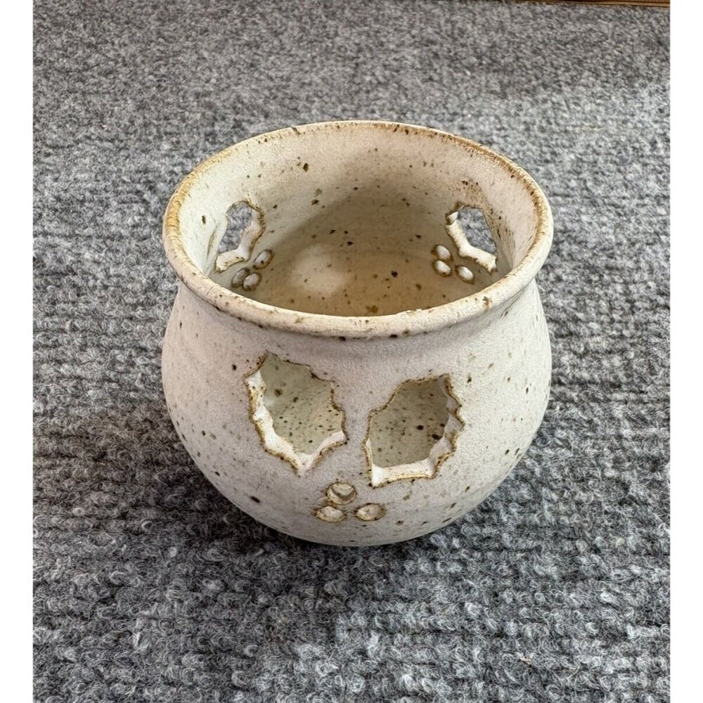 Vintage Pottery Candle Holder Holly Cut Out Luminary Beige Rustic Farmhouse Xmas